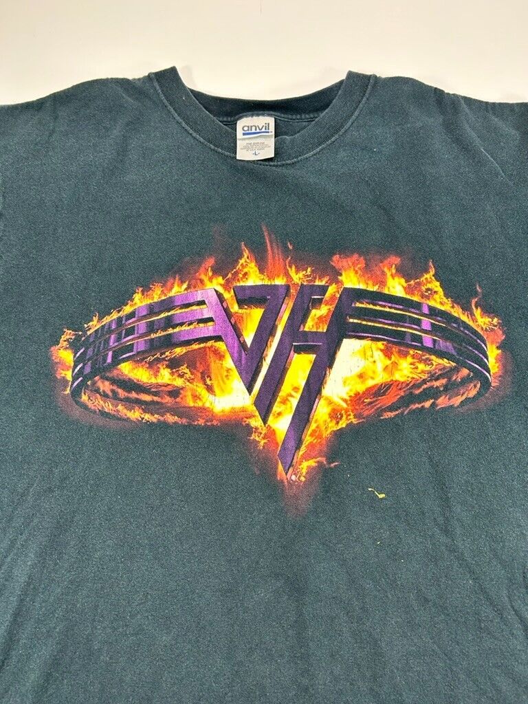 Vintage Y2K Van Halen Flaming Logo Metal Music Band T-Shirt Size Large Black