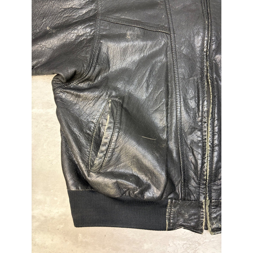 Vintage Leather Globe Pattern Lined Full Zip Bomber Jacket Size XL