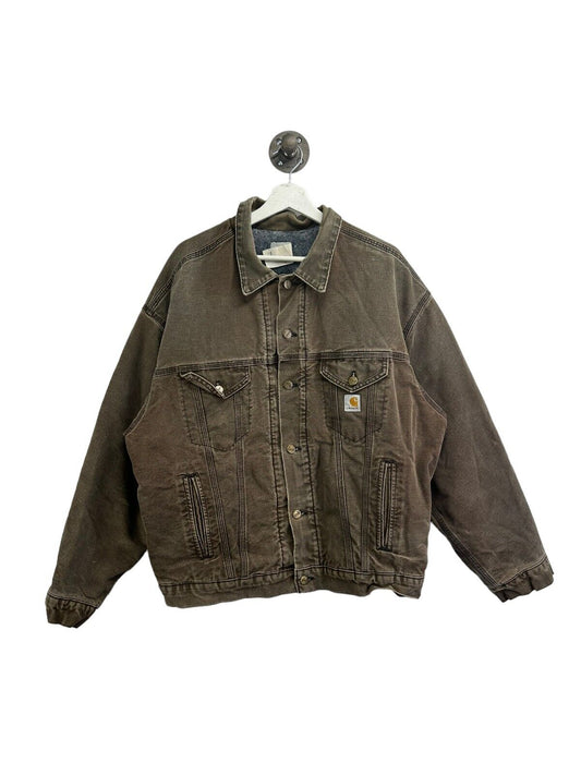 Vintage 90s Carhartt Blanket Lined Canvas Workwear Trucker Jacket Size XL Brown