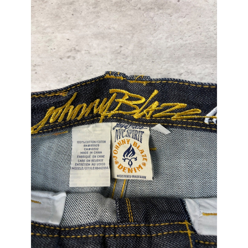 Vintage Y2K Womens Johnny Blaze Embroidered Crest Dark Wash Denim Pants