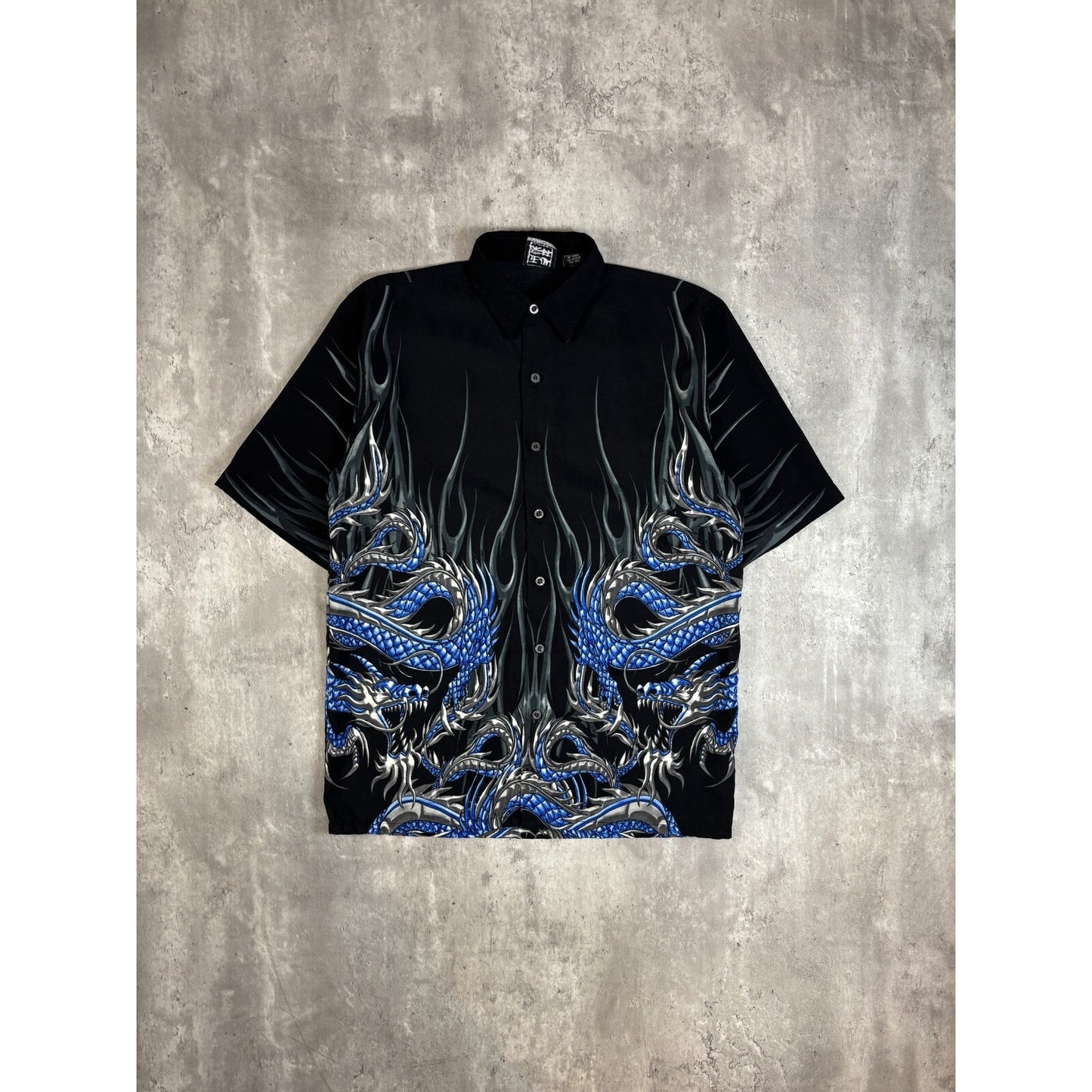 Vintage Y2K Flame Dragon All Over Print Short Sleeve Button Up Shirt Size Medium