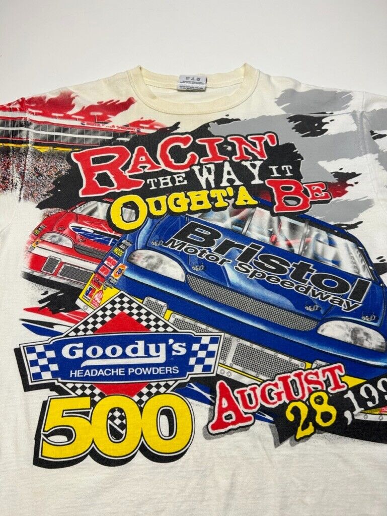 Vintage 1999 Nascar Goodys 500 Racing All Over Print T-Shirt Size Large White