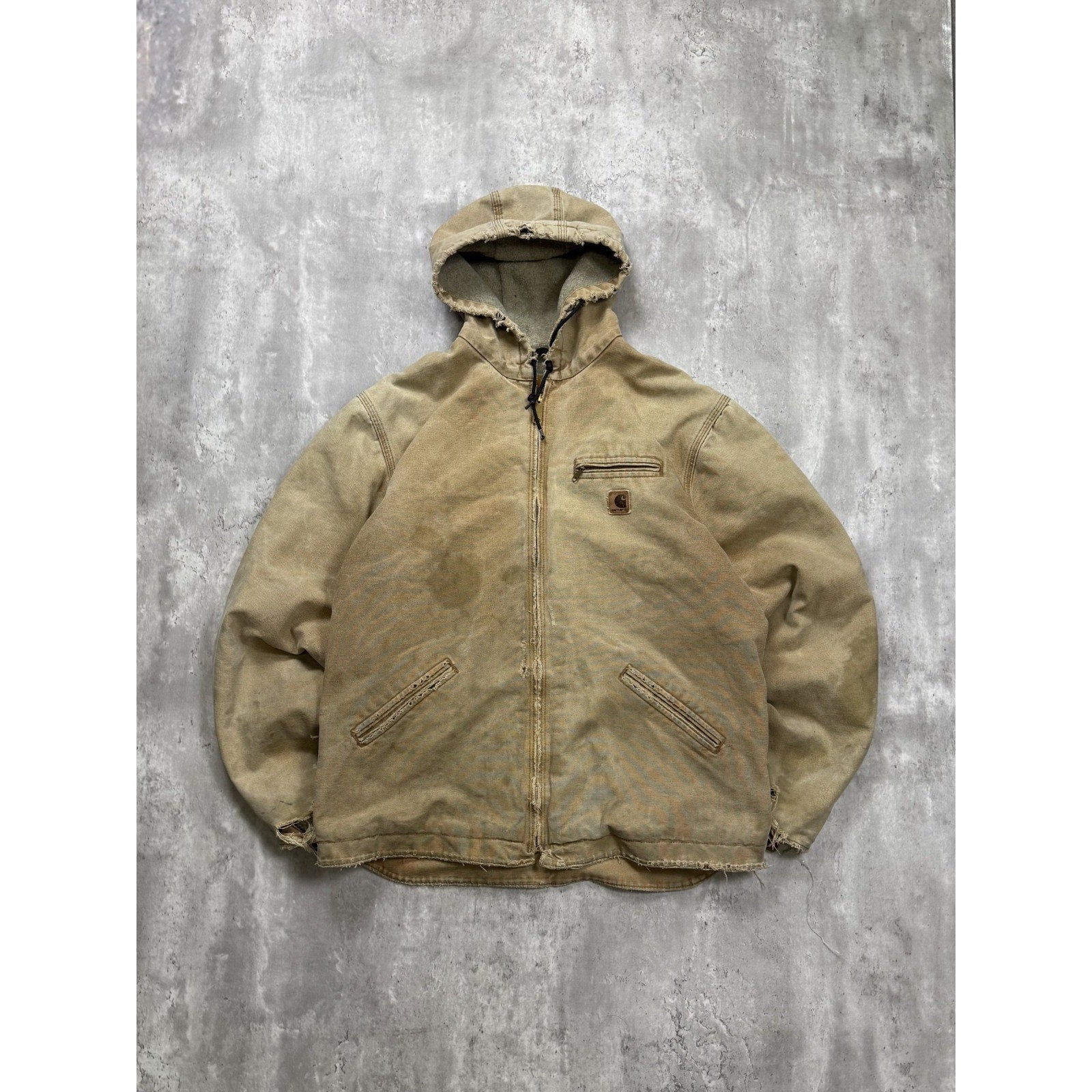 Vintage Carhartt Fleece Lined Canvas Workwear Hooded Detroit Jacket Size XLT