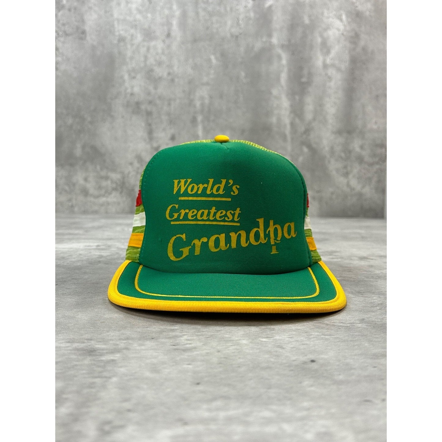 Vintage 80s Worlds Greatest Grandpa Three Stripe Trucker Snapback Hat OSFA