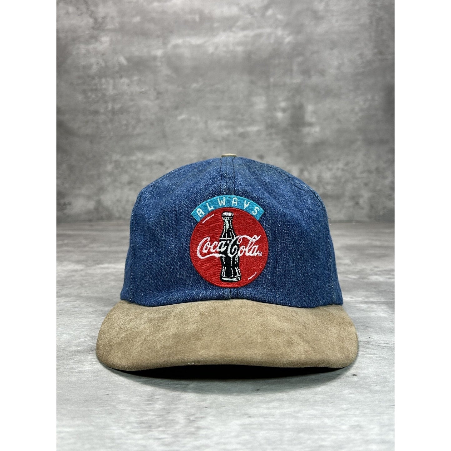 Vintage 90s Coca Cola Embroidered Spellout Logo Denim Snapback Hat OSFA