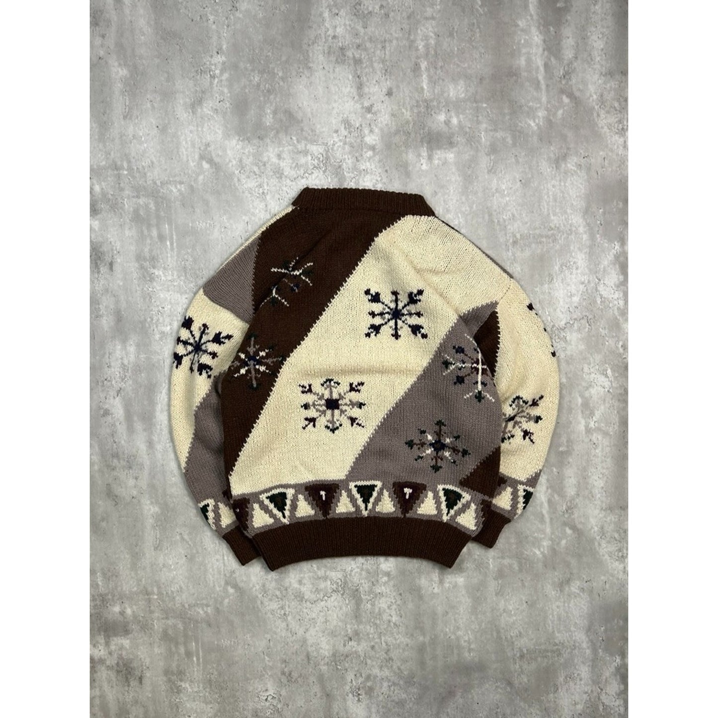 Vintage Trail N Toe Earth Tone Striped Snowflake Print Knit Sweater Size Large