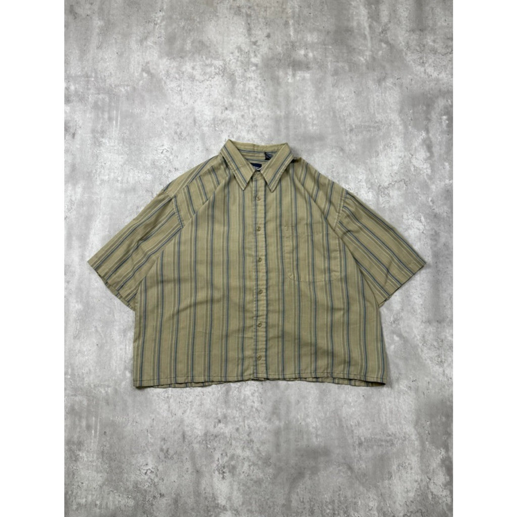 VTG Puritan Single Pocket Striped Reworked Cropped Button Up Shirt Size Large