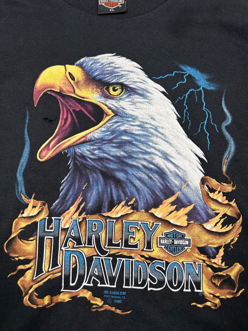 Vintage 1990 3D Emblem Harley Davidson Bald Eagle Lightning Flames T-Shirt Sz XL
