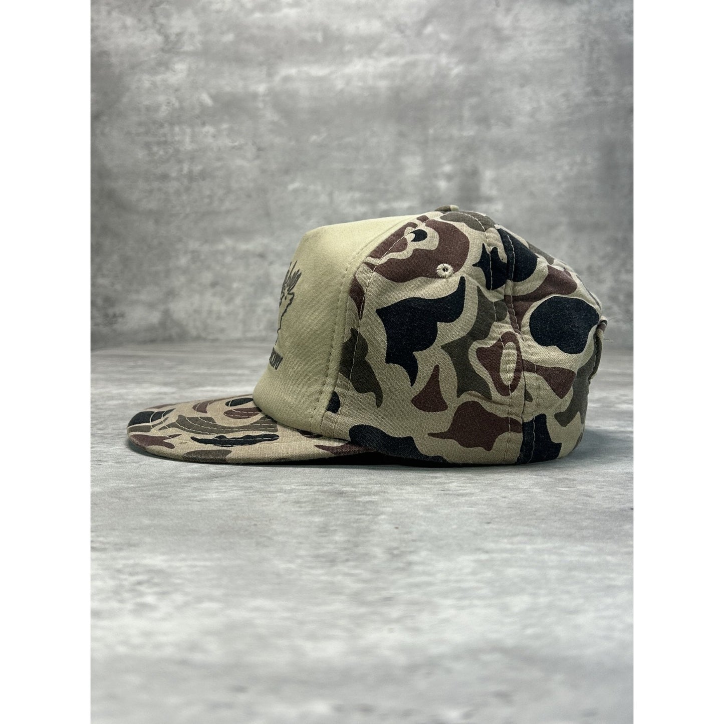 Vintage 80s Elk River Ford Mercury Tree Camo Hunting Trucker Snapback Hat OSFA
