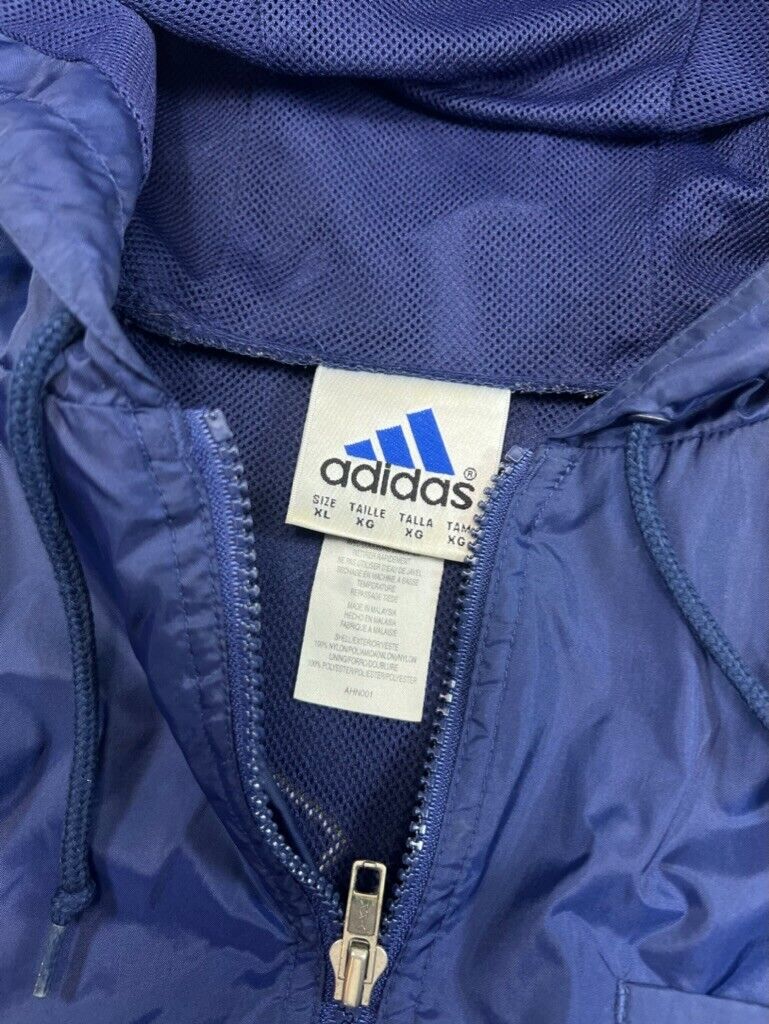 Vintage 90s Adidas Trefoil Three Stripe Windbreaker Hooded Jacket Size XL Blue