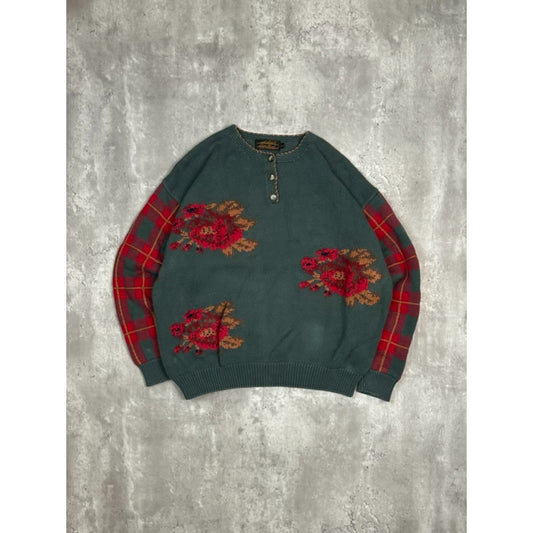 Vintage 1991 Eddie Bauer Floral Plaid 1/4 Button Knit Sweater Size Large