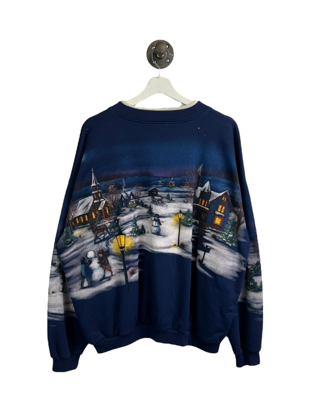 Vintage 90s Winter Village Landscape All Over Print Cardigan Sweatshirt Sz Large