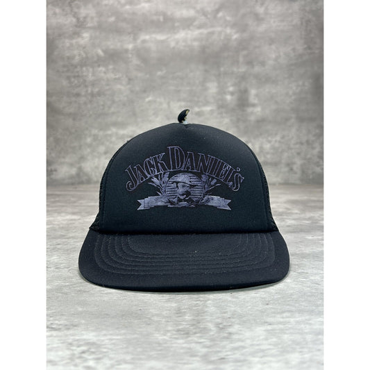 Vintage 1980s Jack Daniels Graphic Spellout Logo Trucker Snapback Hat OSFA Black