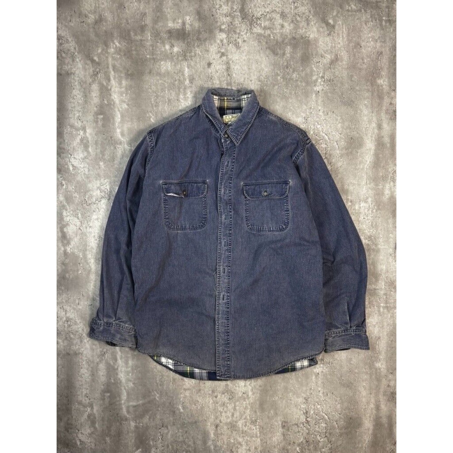 Vintage 90s L.L. Bean Plaid Lined Medium Wash Denim Button Up Shirt Size XL