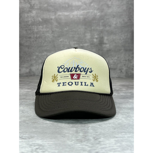 Vintage Cowboys & Tequila Parody Graphic Spellout Trucker Snapback Hat OSFA
