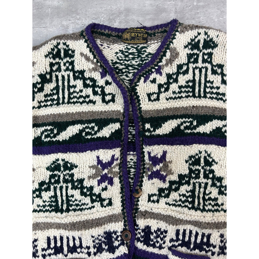 Vintage 80s/90s Rey Wear Geometric Print Cardigan Knit Sweater Size Large