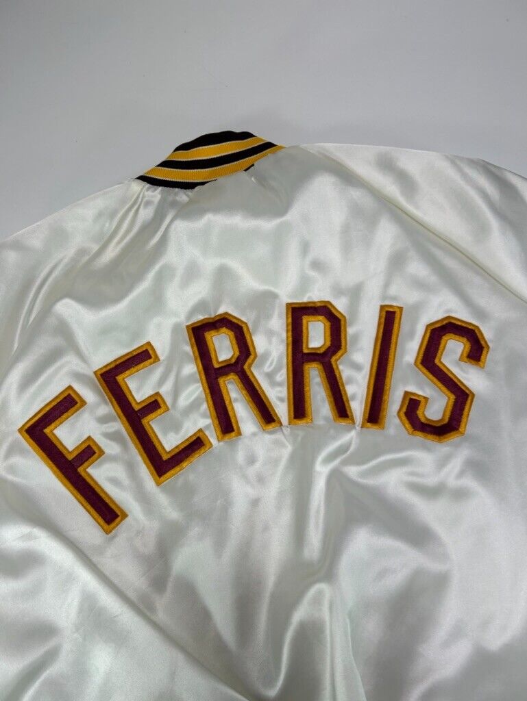 Vintage 80s Ferris State Bulldogs NCAA Satin Bomber Jacket Size Medium White