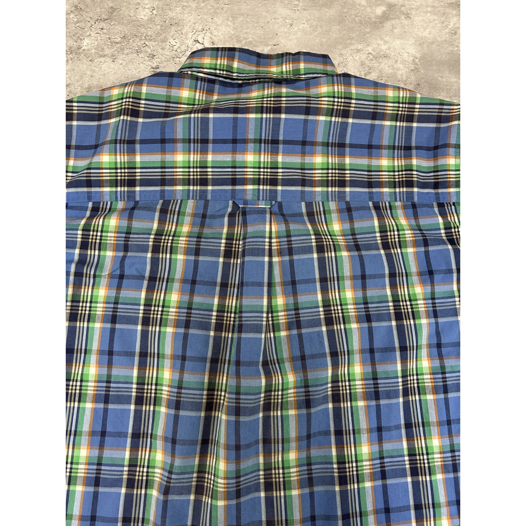 Vintage Chaps Plaid Print Short Sleeve Reworked Cropped Button Up Shirt Sz XL
