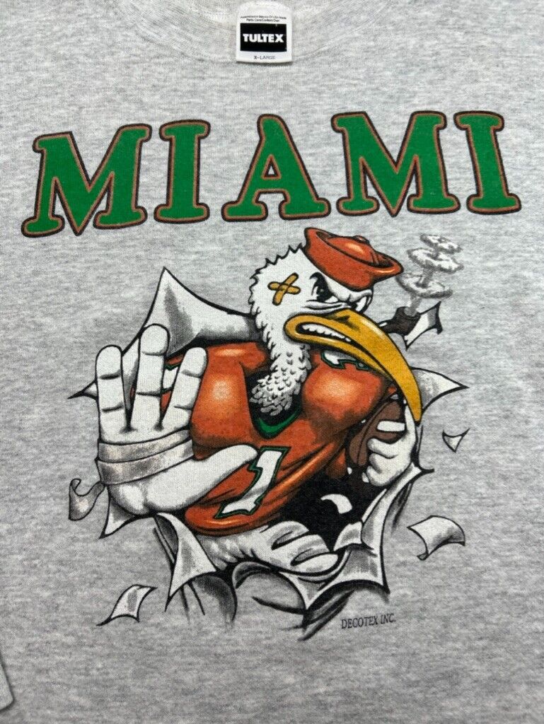 Vintage 90s Miami Hurricanes NCAA Chest Buster Graphic Sweatshirt Size XL Gray