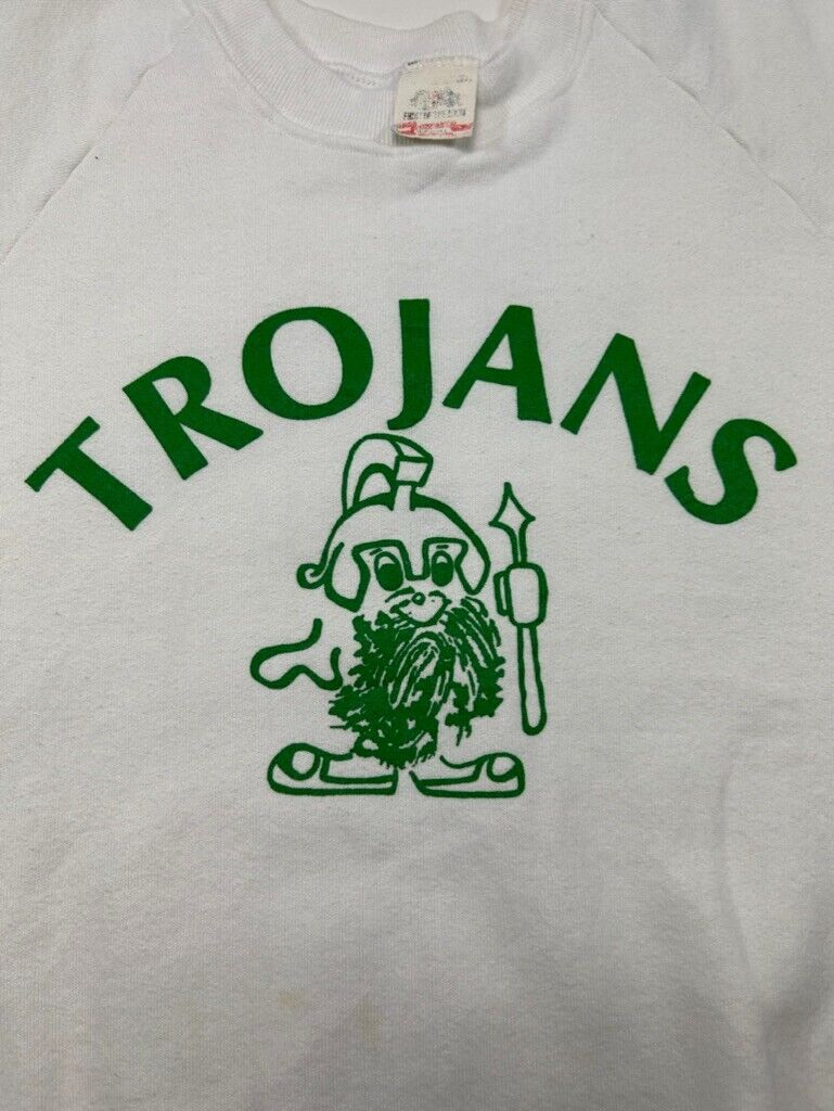 Vintage 1992 Trojans Collegiate Spellout Graphic Sweatshirt Size Large White