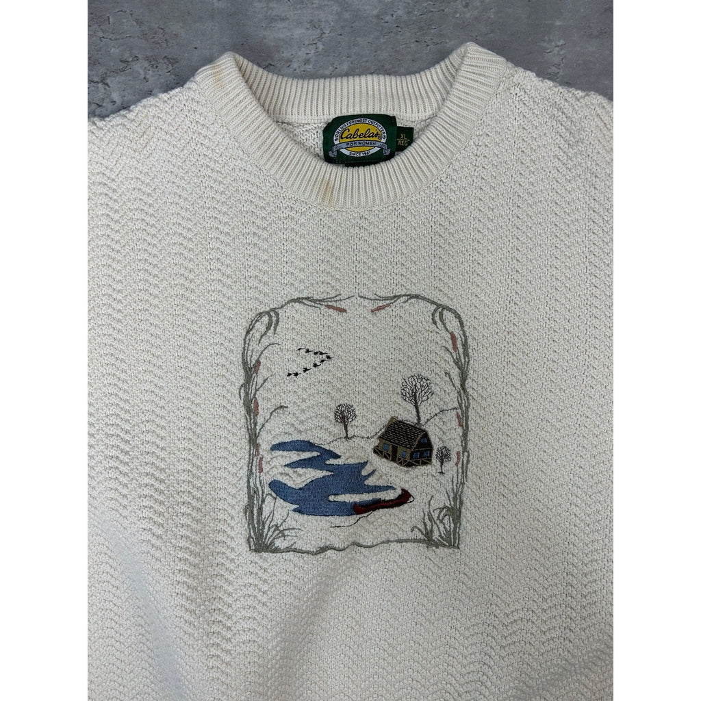 Vintage 90s Cabelas Embroidered Landscape Pullover Knit Sweater Size XL