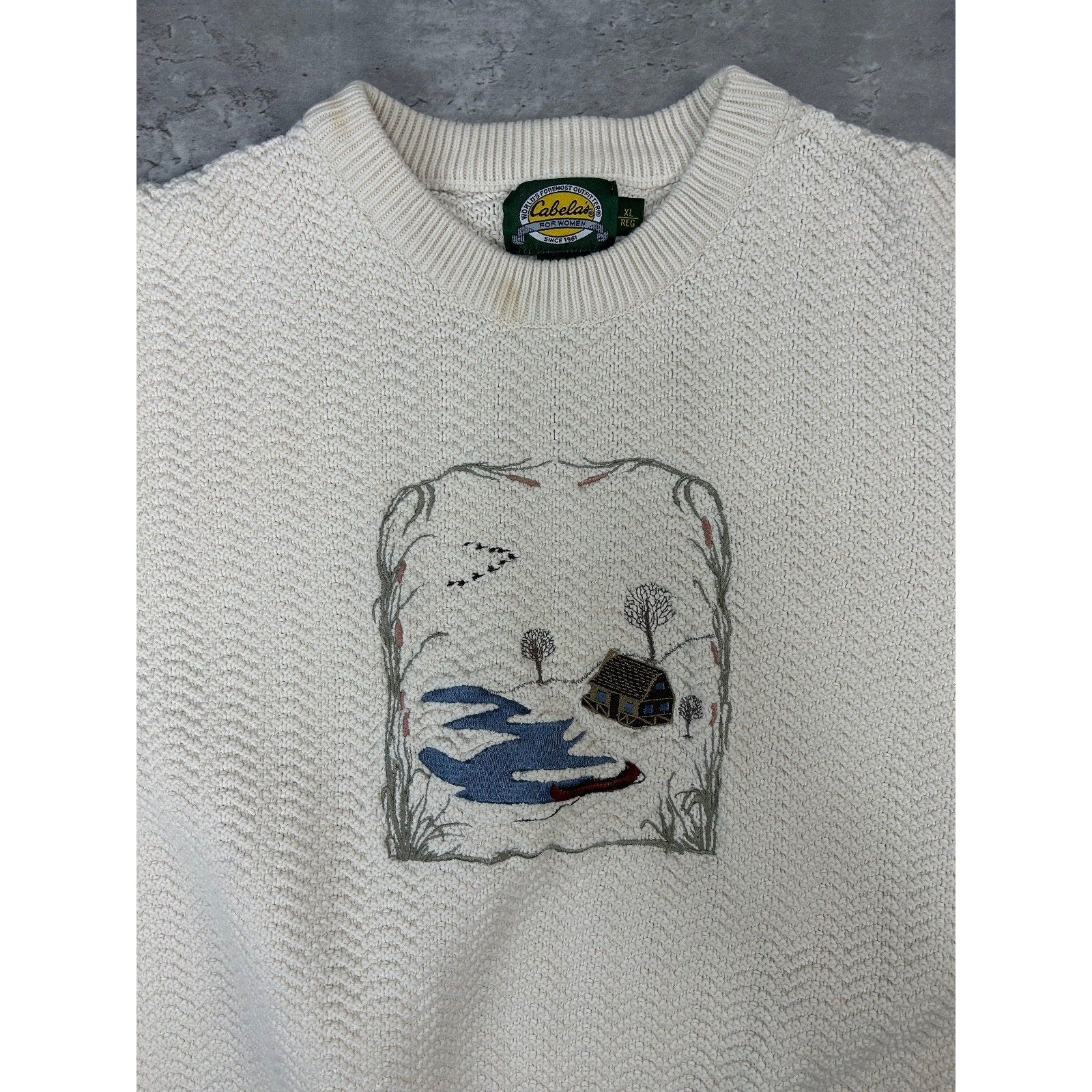 Vintage 90s Cabelas Embroidered Landscape Pullover Knit Sweater Size XL