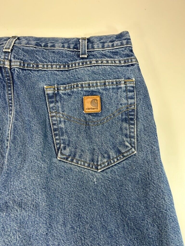 VTG Carhartt Plaid Lined Relaxed Fit Medium Wash Denim Work Wear Pants Size 35W