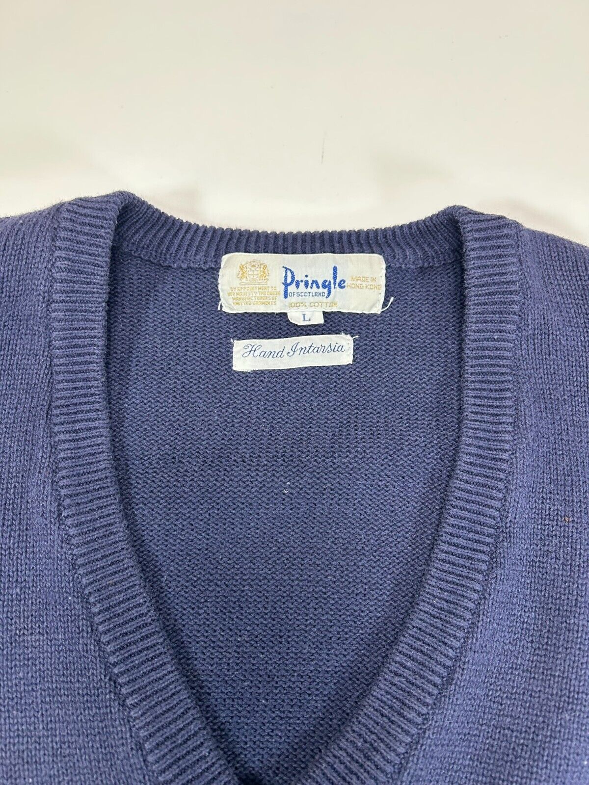 Vintage Pringle Diamond Pattern Embroidered Golf V Neck Knit Sweater Size Large