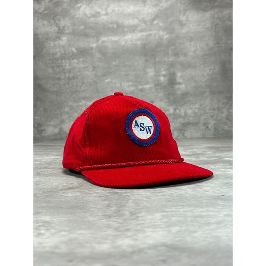 Vintage 90s ASW Embroidered Patch Corduroy Snapback Hat OSFA Red