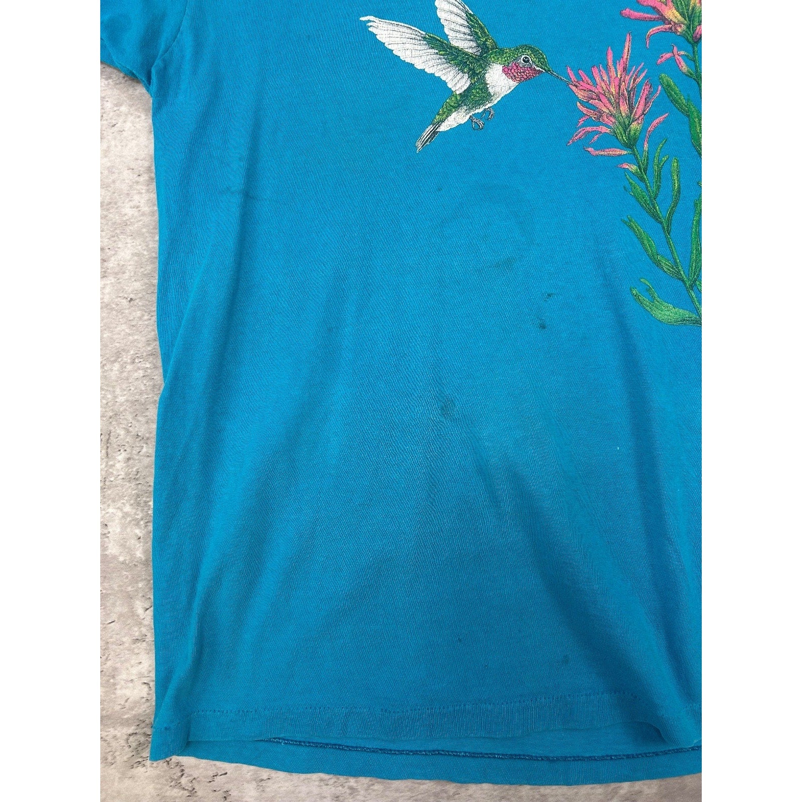 Vintage 90s Hummingbird Flower Nature Graphic T-Shirt Size Large Blue