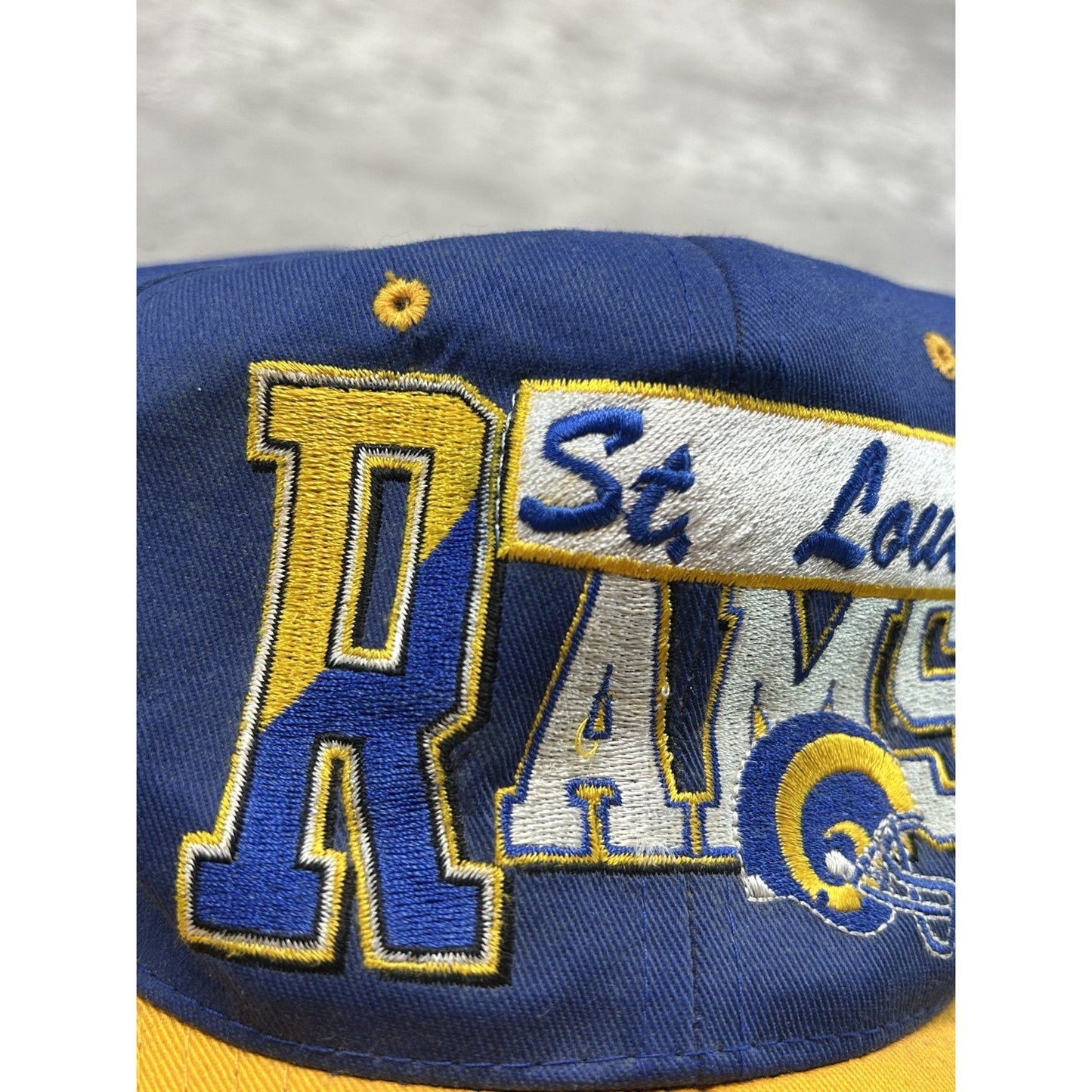 Vintage 90s St Louis Rams NFL Embroidered Spellout Snapback Hat OSFA