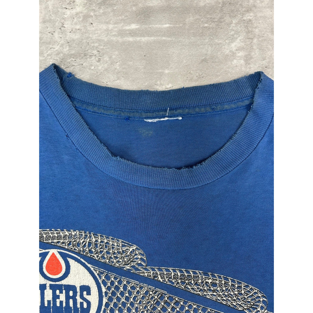 Vintage 1990 Edmonton Oilers NHL Starter Spellout Logo Graphic T-Shirt Size XL