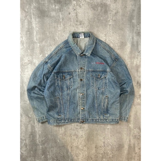 Vintage 90s Pro Polaris Embroidered Spellout Light Wash Denim Jacket Size XL