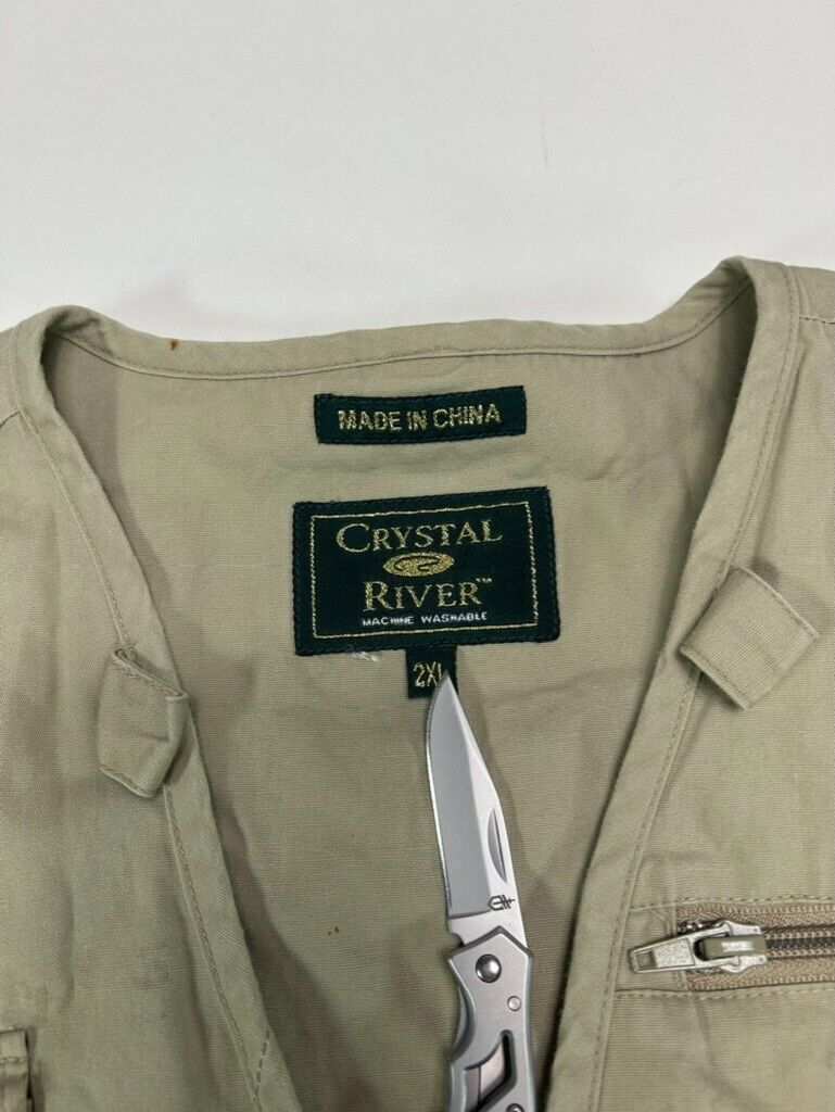 Vintage Crystal River Nylon Full Zip Multi-Pocket Fishing Jacket Size 2XL Beige