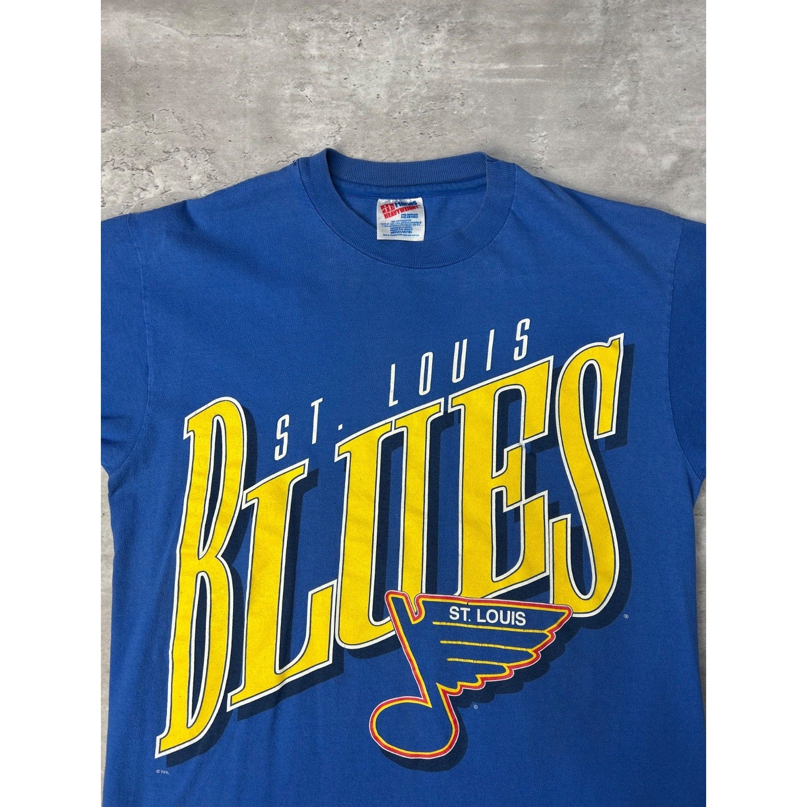 Vintage 90s St Louis Blue NHL Spellout Hockey Graphic T-Shirt Size Medium
