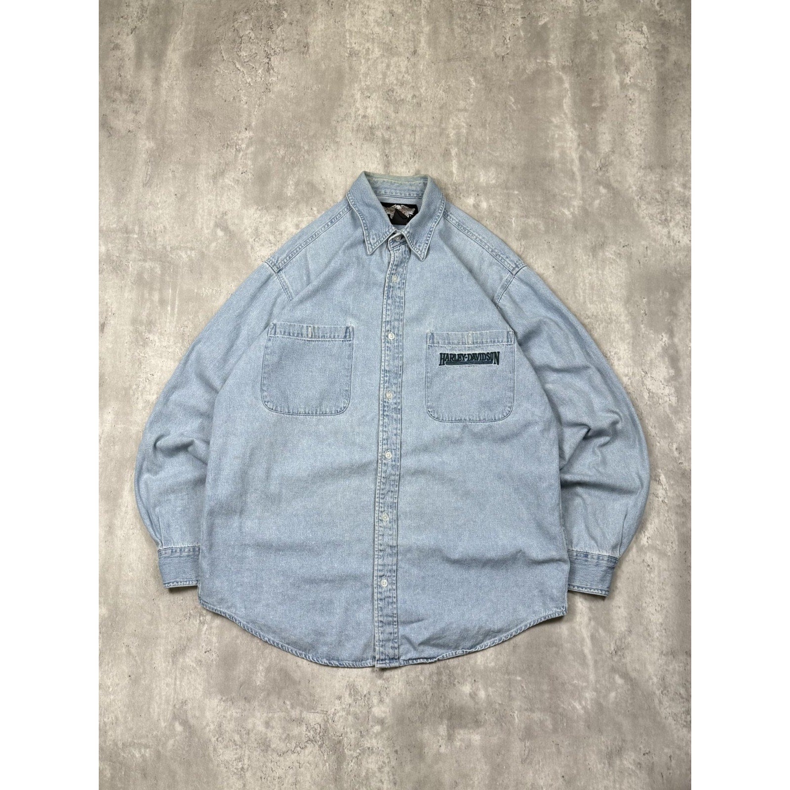 Vintage Harley Davidson Embroidered Light Wash Denim Button Up Shirt Size Large