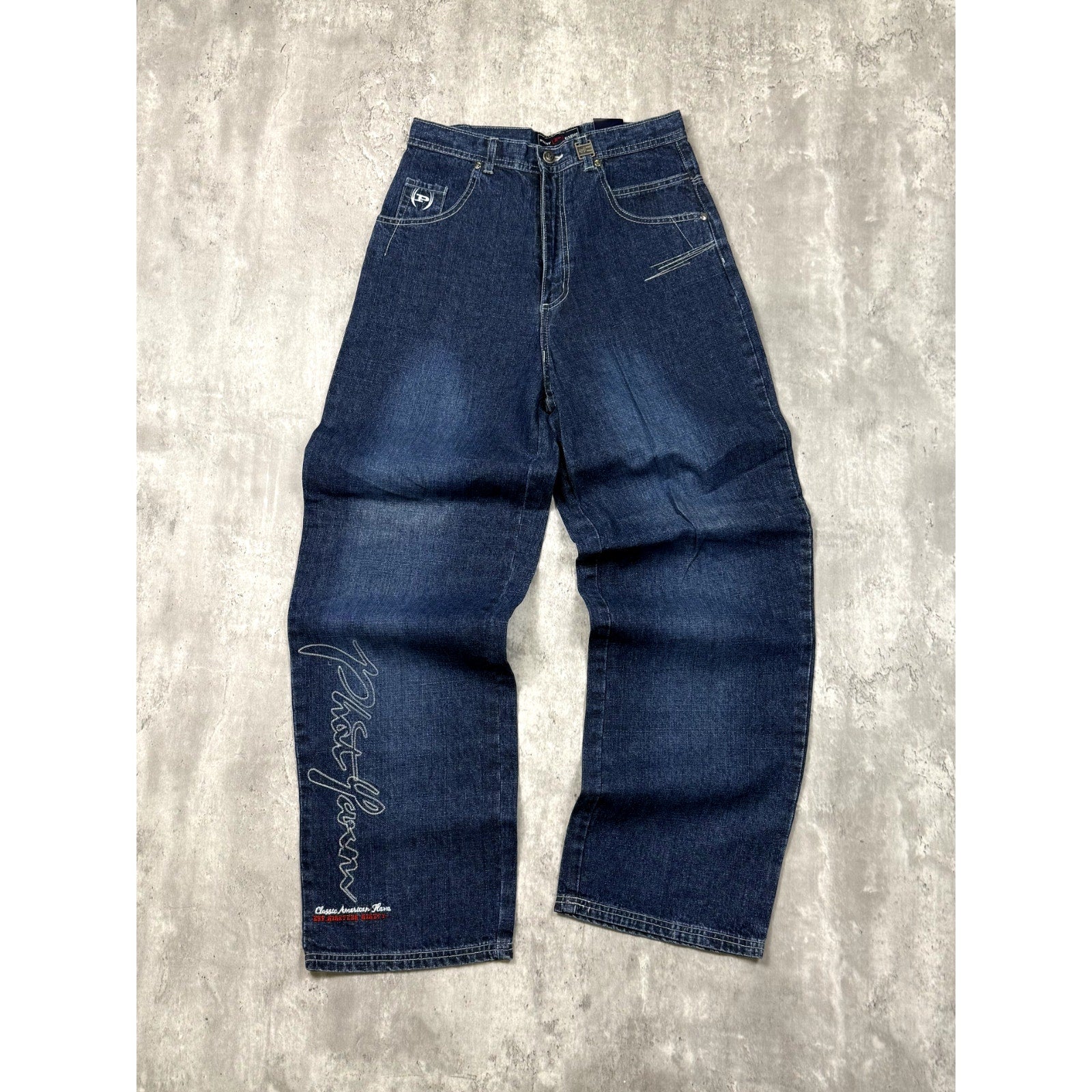 Vintage Y2K Womens Phat Farm Embroidered Medium Wash Denim Pants
