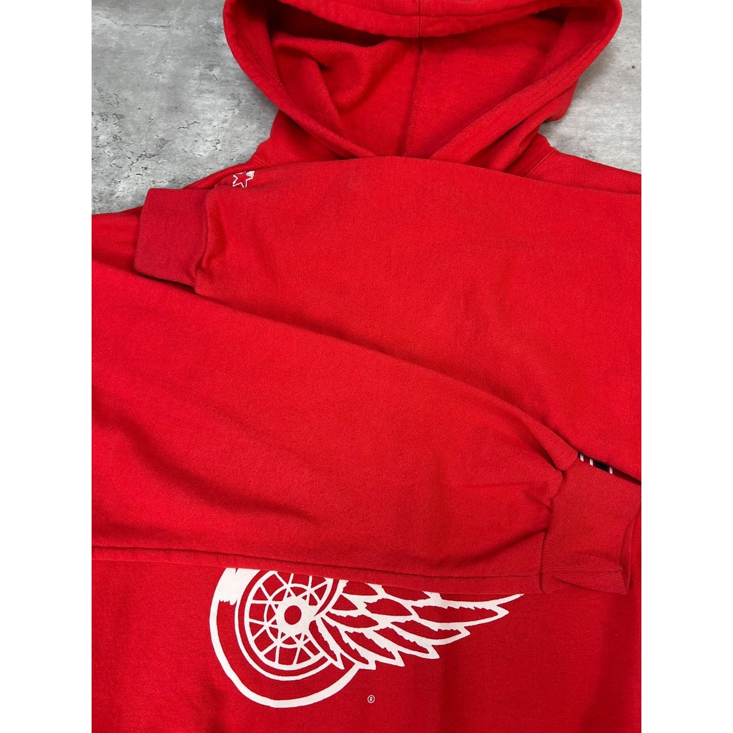 Vintage 90s Detroit Red Wings NHL Spellout Graphic Hooded Sweatshirt Size Large