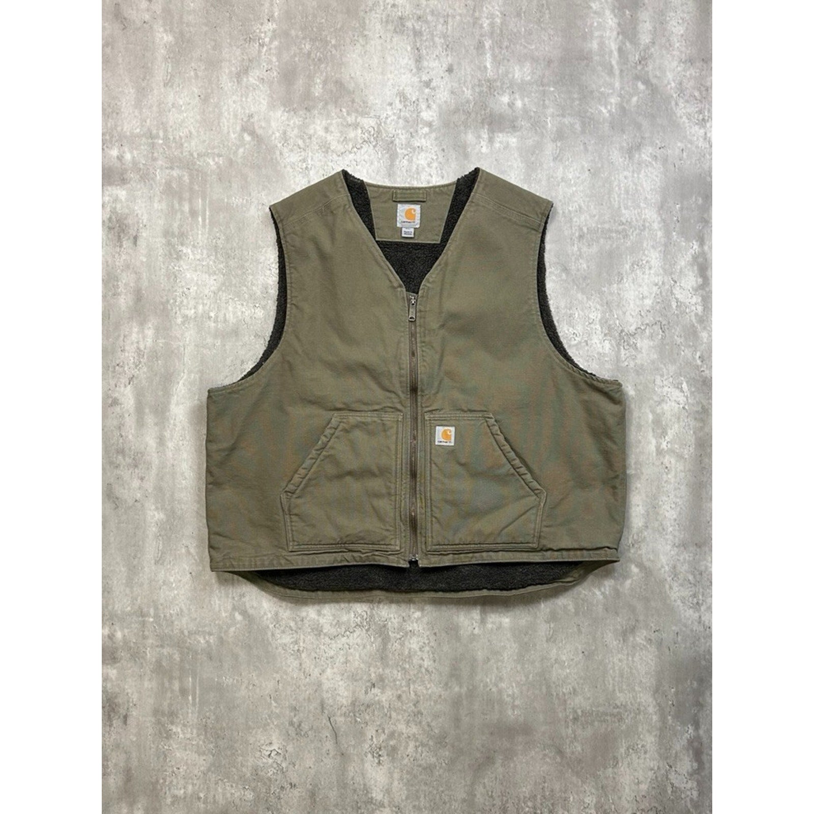 Vintage Carhartt Fleece Lined Canvas Workwear Olive Green Vest Size 2XL
