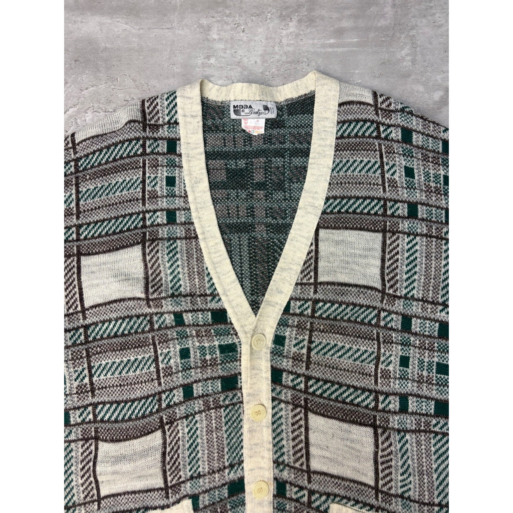Vintage 80s Moda Abstract Plaid Print Cardigan Knit Sweater Size Large
