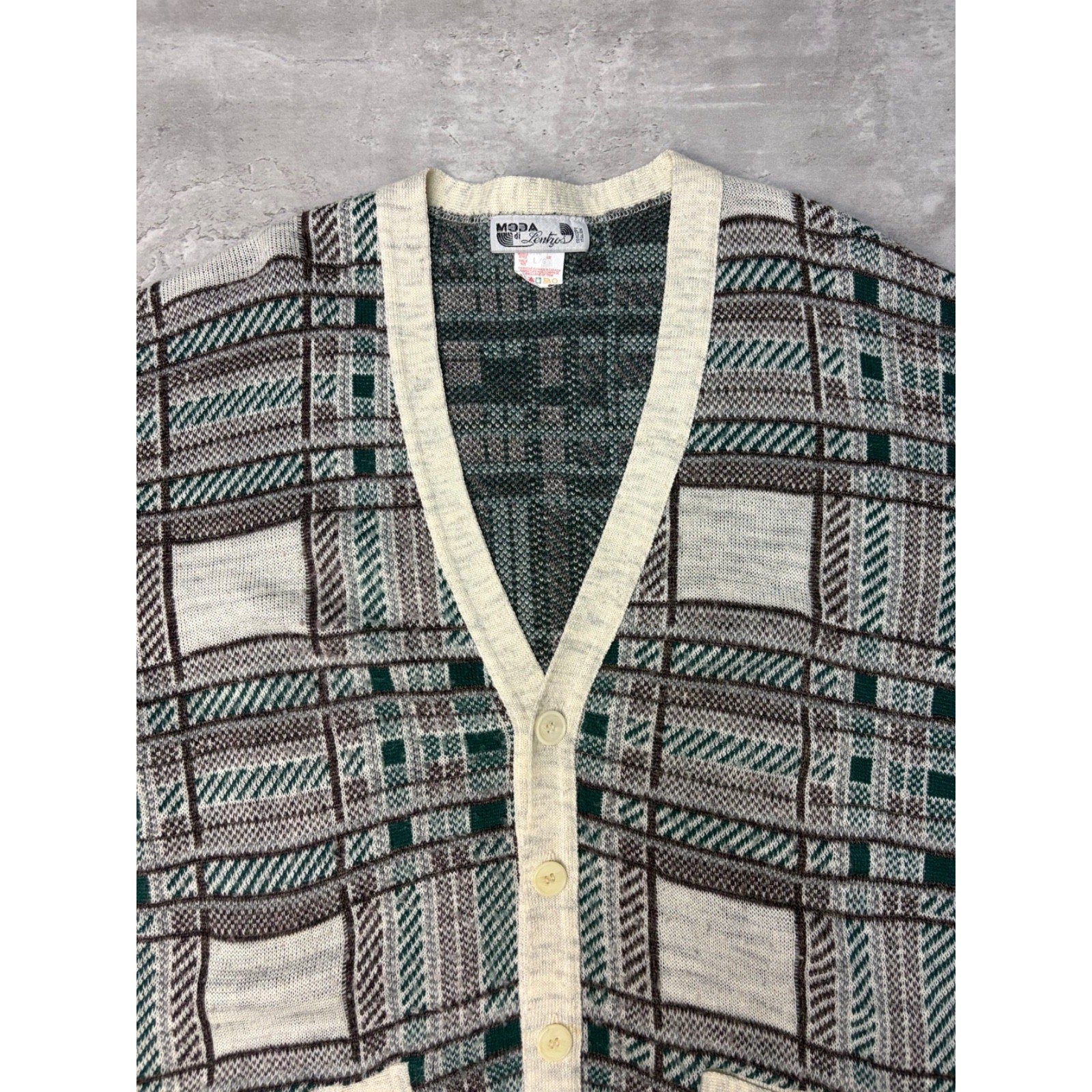 Vintage 80s Moda Abstract Plaid Print Cardigan Knit Sweater Size Large