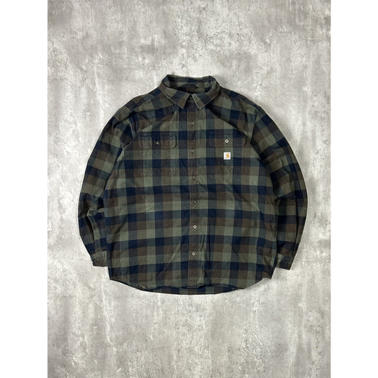 Vintage Carhartt Plaid Print Double Pocket Workwear Button Up Shirt Size XL