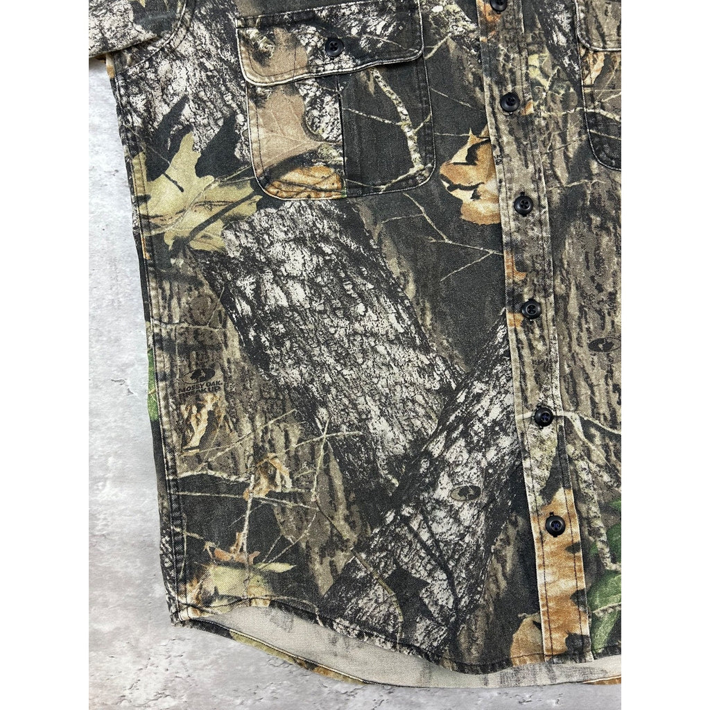 Vintage Cabelas Mossy Oak Tree Camo Hunting Long Sleeve Button Up Shirt LT