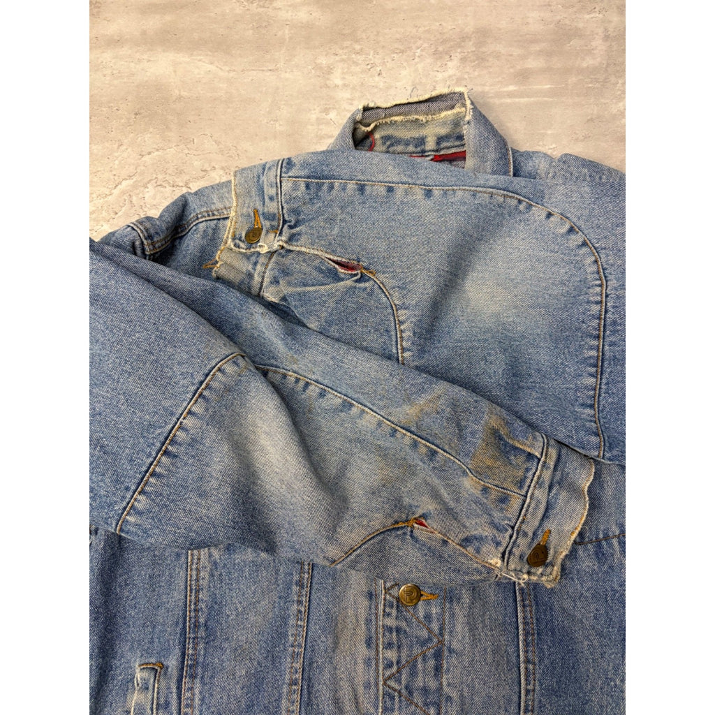 Vintage 90s Club P Plaid Lined Medium Wash Denim Trucker Jacket Size Medium