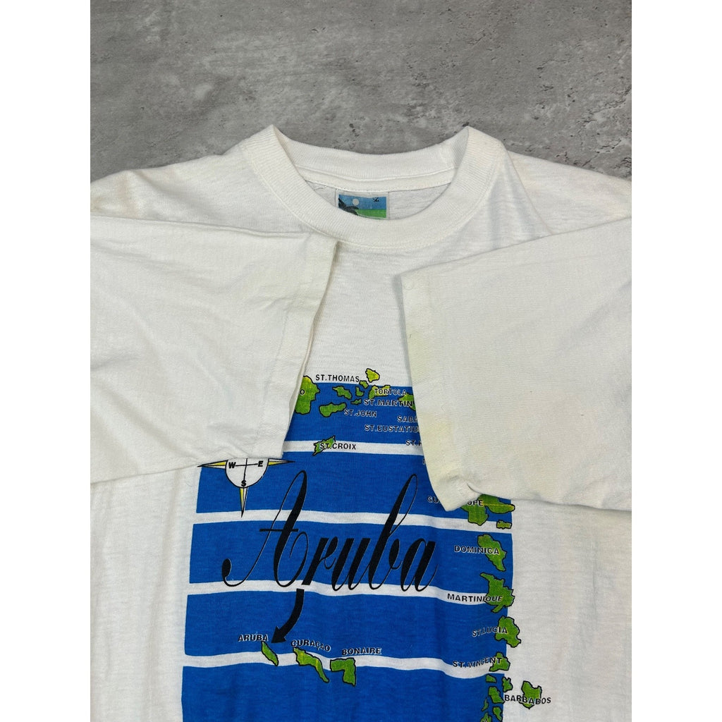 Vintage 90s Aruba Map Spellout Graphic Destination T-Shirt Size Large White