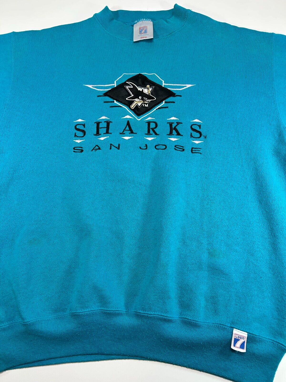 Vintage 90s San Jose Sharks NHL Embroidered Spellout Logo Sweatshirt Size Medium