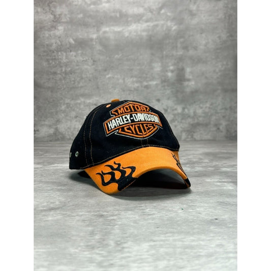 Vintage Harley Davidson Embroidered Logo Flame Brim Strapback Hat OSFA Black