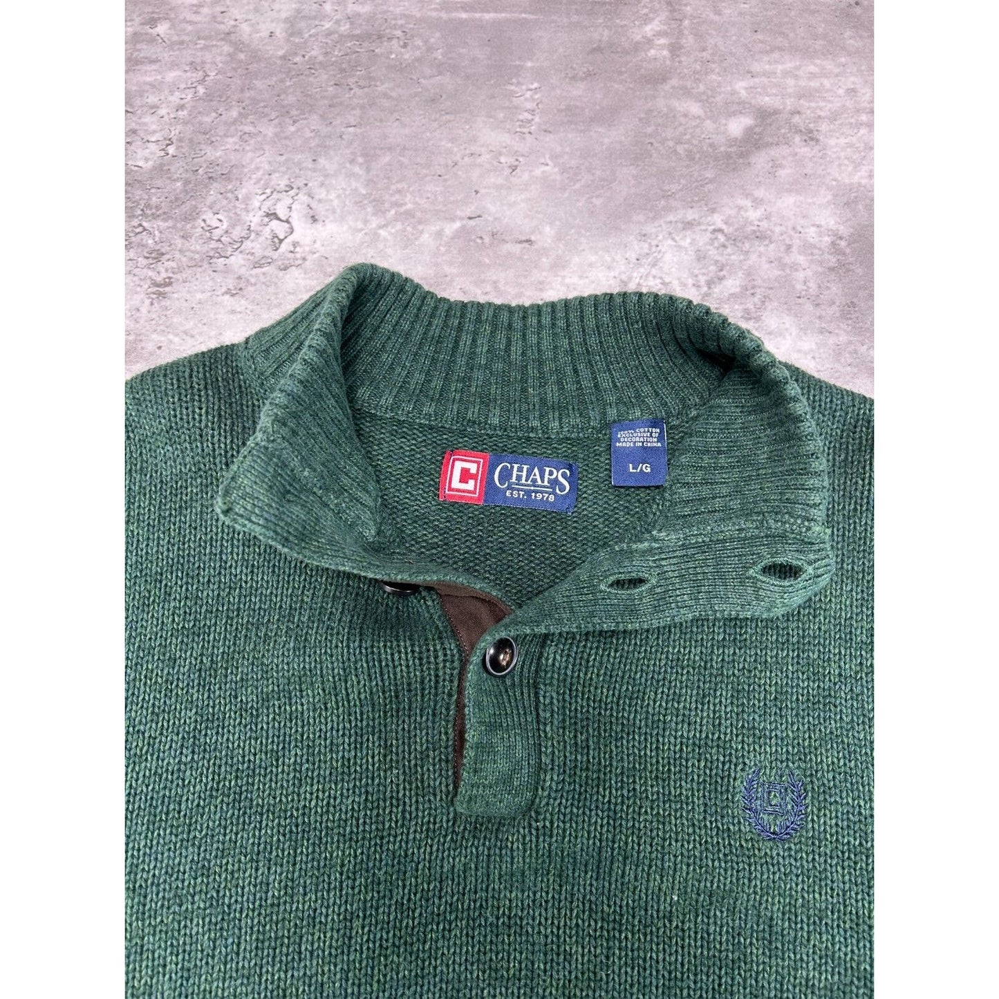 Vintage Chaps Ralph Lauren Embroidered Crest 1/4 Button Knit Sweater Size Large