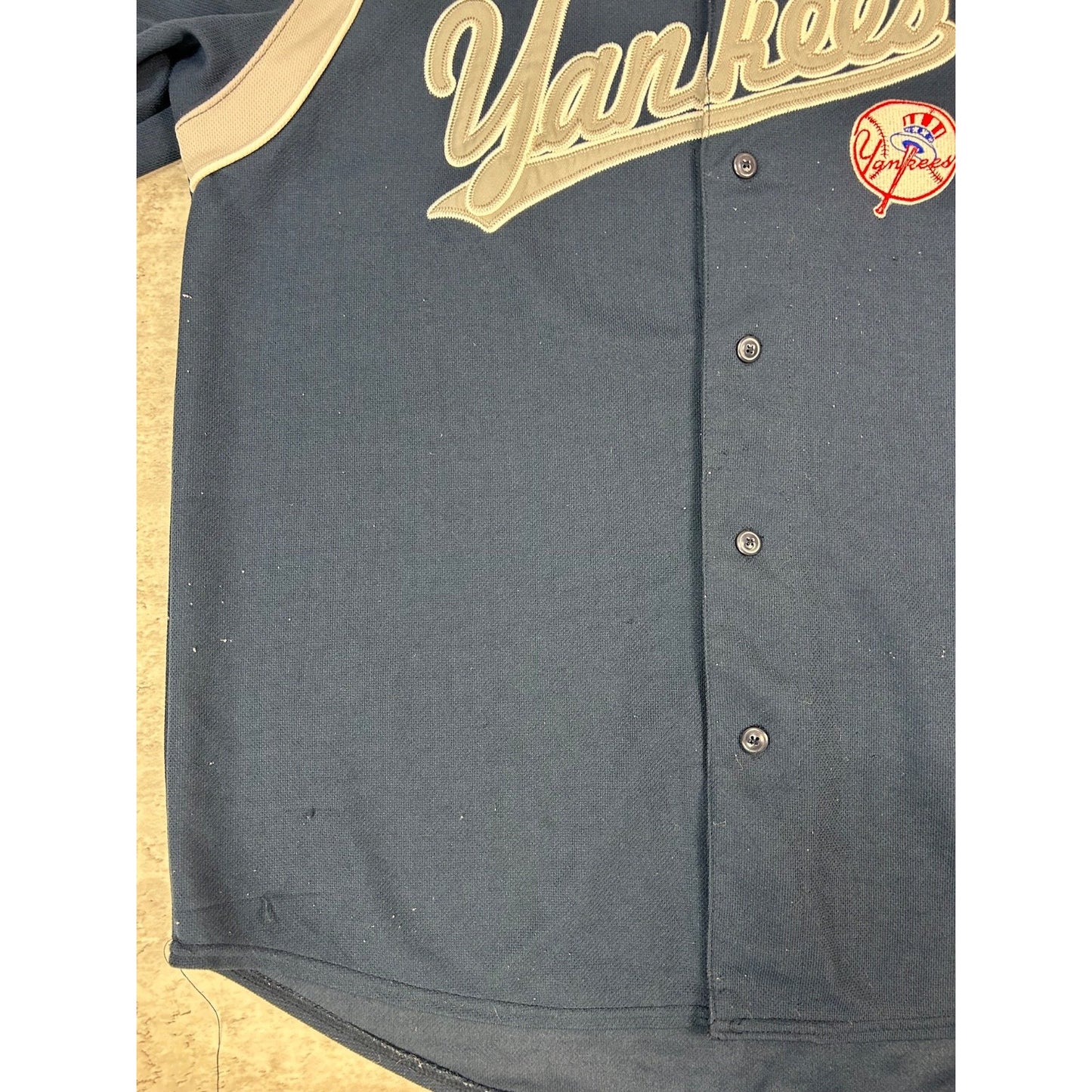 New York Yankees MLB Tailsweep Spellout Baseball Jersey Size XL Blue