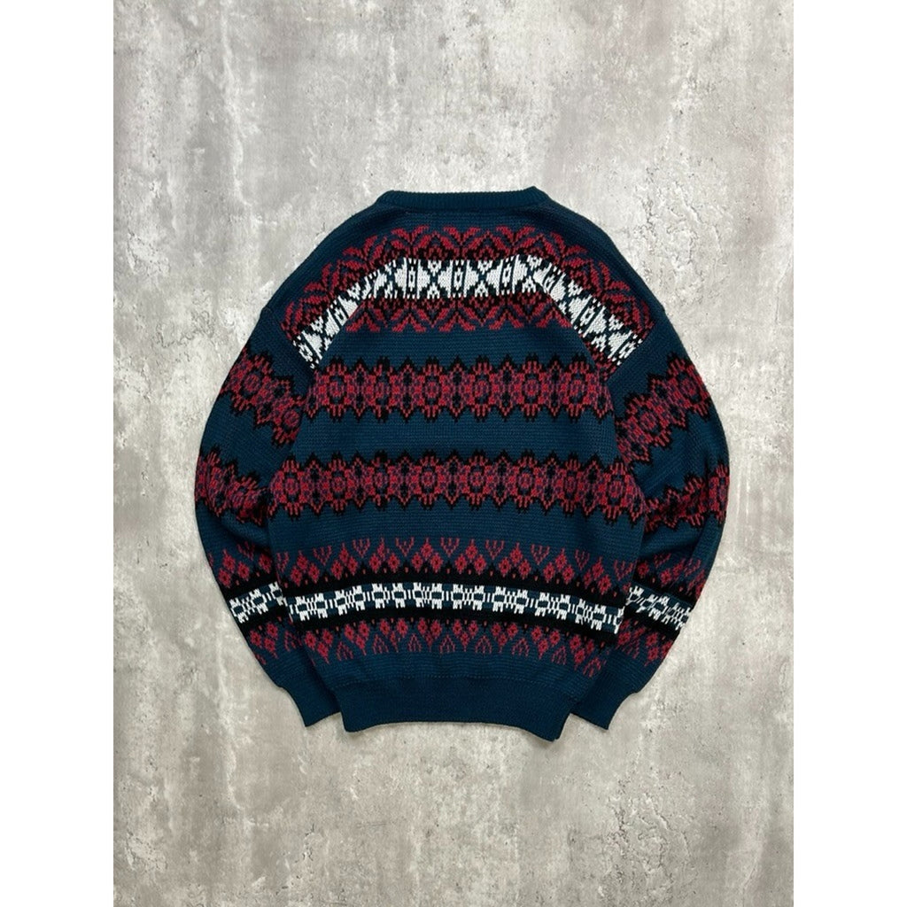 Vintage 90s Geometric Striped Print Pullover Knit Sweater Size Large